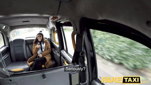 Fake Taxi brunette in cab looks surprised, one squirts face other soaks cab
