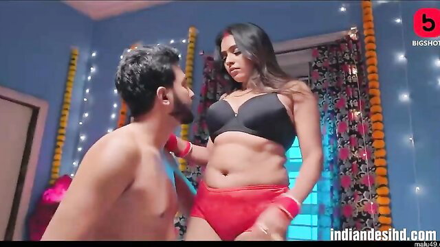 Newlywed Indian couple suhagrat foreplay in black bra and red panties