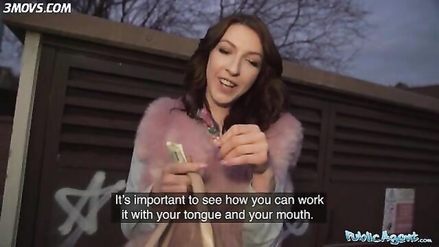 Chanel Kiss takes cash with tongue in fur coat public agent casting