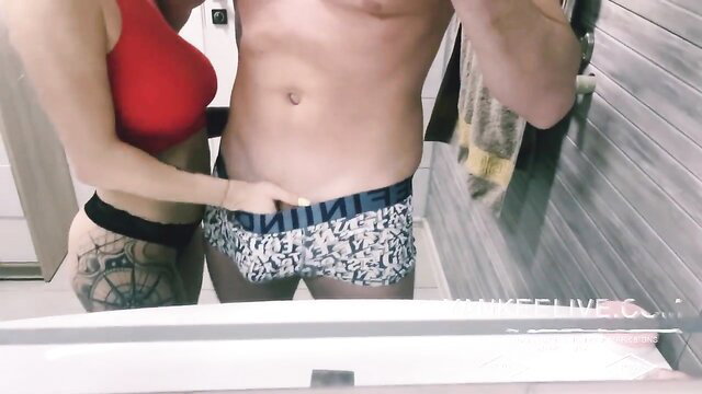 Blonde babe hugs stud's bulge in skimpy red top POV tease