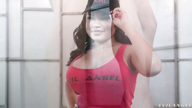 Kasey Kei in Evil Angel tank top, big tits tease, sexy pose