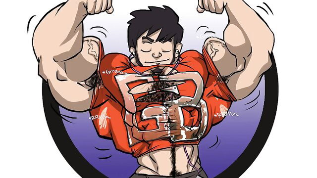 Muscular anime guy flexing with exposed guts and fluids in Growth Factors Podcast