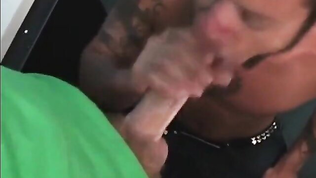 Tattooed man cums in eager mouth closeup blowjob