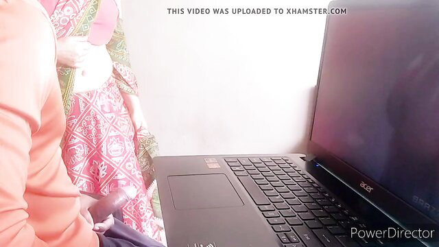 Indian maid in saree watches man masturbate on laptop webcam