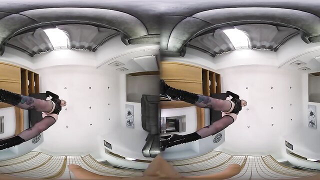 Brunette in stockings teases POV in wild kitchen passion