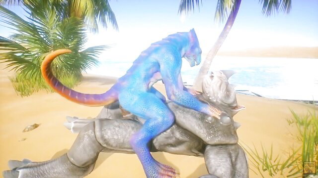 Blue scalie alien straddling fucking massive furry rhino beast on beach