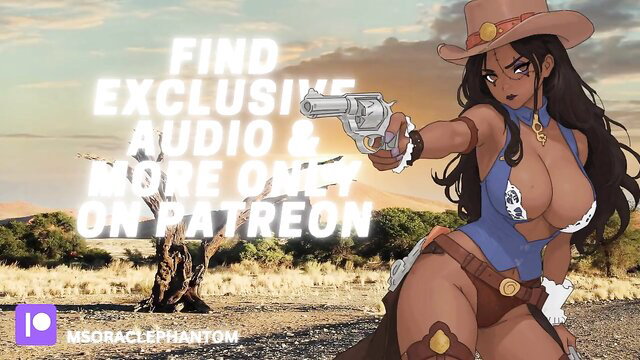 Sexy black cowgirl bandit in bikini top firing gun at sunset