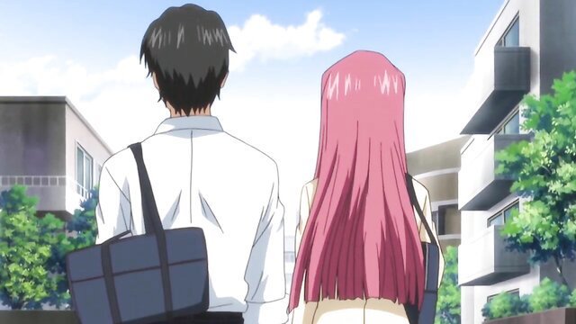 Anime couple walking outdoors, pink-haired girl with man from back view