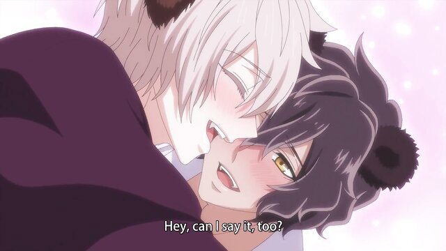 Blushing anime boys kissing intimately, bear ears yaoi embrace