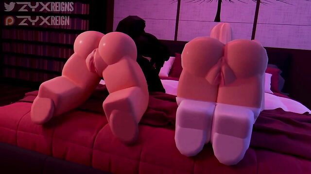 Pink inflatable sex doll asses on bed in neon-lit bedroom