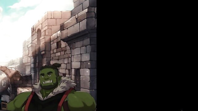 Muscular green orc hunk with fur collar by castle wall in JAV fantasy scene