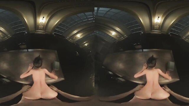 Nude Tracer bent over piano getting backshots in library