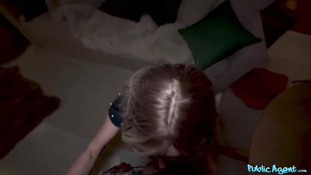 POV of blonde MILF in dress holding phone on Public Agent