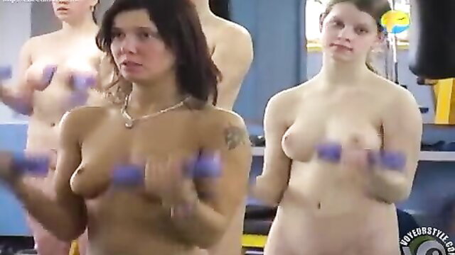 Nude aerobics workout with busty brunette and blondes holding dumbbells