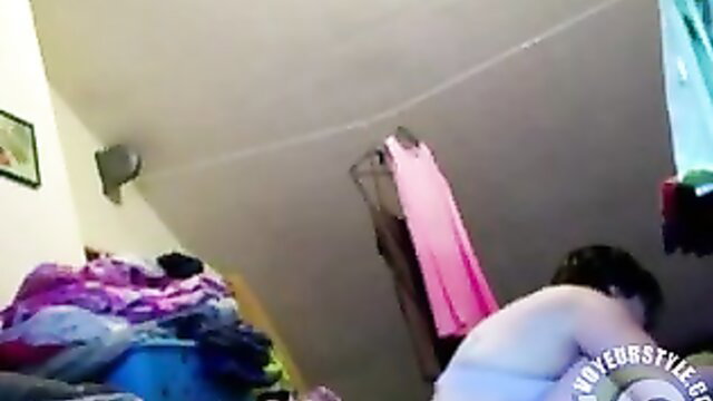 Aunty caught naked trying underwear, bending over in bedroom