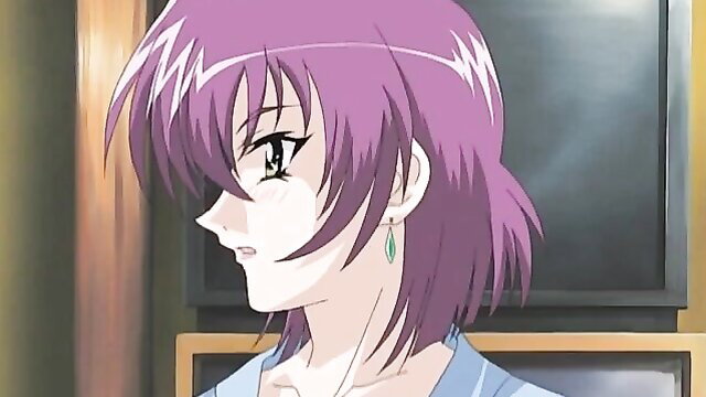 Purple-haired anime housewife in robe at spa