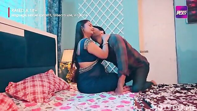 Indian couple in saree kissing passionately on bed, hot Hindi web series thumbnail