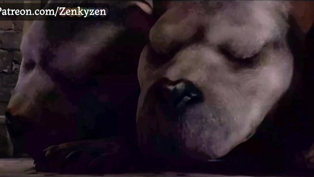 Closeup of two muscular dogs nuzzling in dimly lit stone room