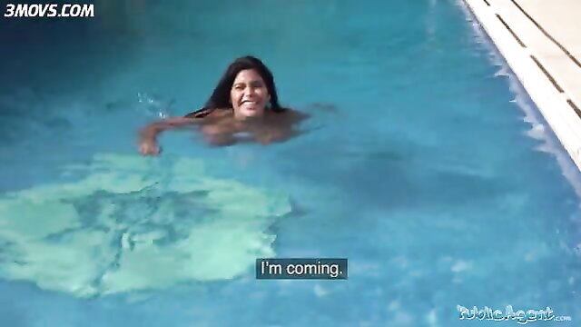 Sheila Ortega nude in pool smiling, huge natural Latina boobs