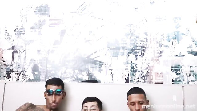 Three hot ethnic guys shirtless lounging, smirking seductively in Stepbrothers scene