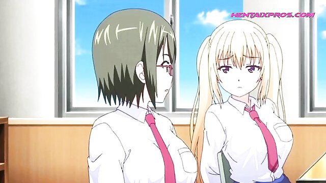 Two anime schoolgirls in uniforms, green and blonde hair, intimate classroom chat