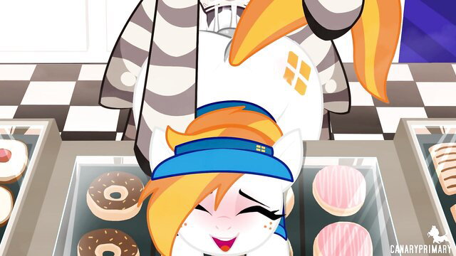 Orange-haired anthro pony girl bent over donut counter, huge ass upskirt tease