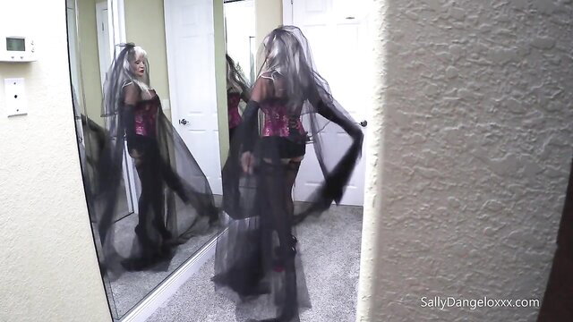 Sally D'Angelo in sexy black veil corset lingerie, hot busty granny posing