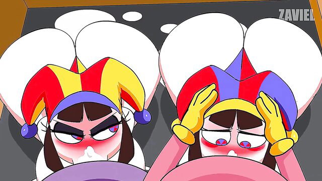 Double Pomni clown girls twerking huge asses in hats, double fun
