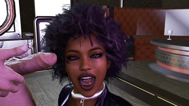 Purple afro black babe Marcela deepthroats huge cock in leather collar