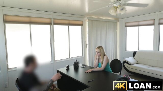 Blonde Allie Rae in tank top at desk pleasures creditor for rent money