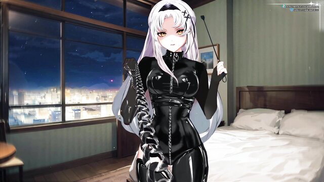 White-haired anime Vtuber dominatrix Bubblebebe in latex catsuit with whip