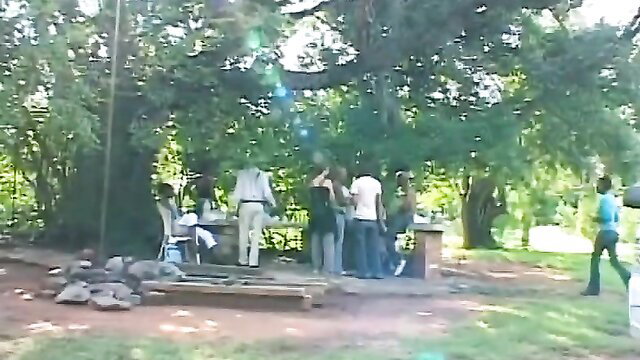 Bald ebony chick tied up outdoors, fingered by horny dude