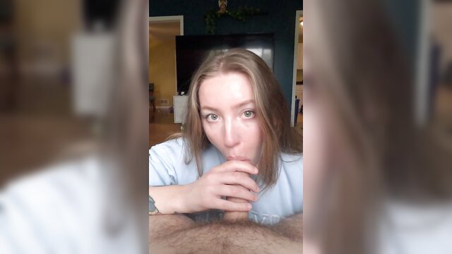 Blonde amateur babe POV blowjob closeup, deepthroating cock
