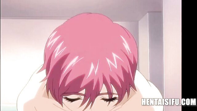 Pink-haired anime girl with huge tits in erotic hentai scene