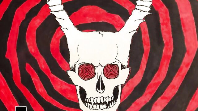Hypnotic demon skull with swirling red eyes in psychedelic horror art