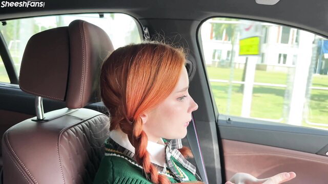 Sweetie Fox redhead British student in car, sexy schoolgirl look