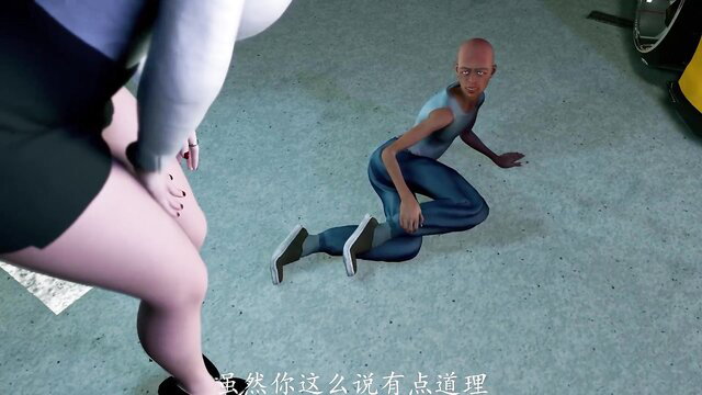 Bald Asian man crawls under huge thick thighs of giantess woman in skirt