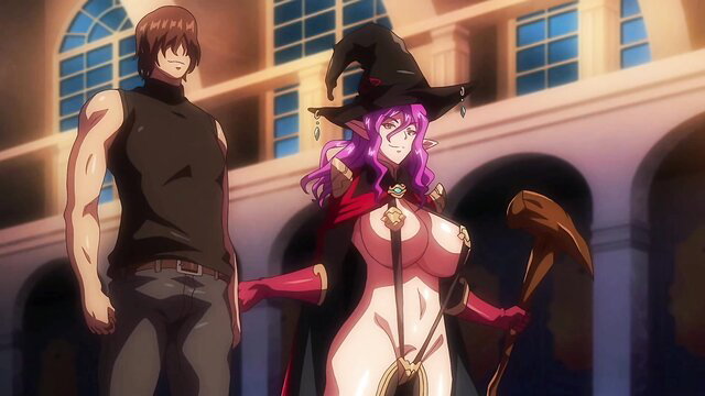 Busty purple-haired elf witch in skimpy outfit with muscular guy from Kyonyuu Elf Oyako Saimin