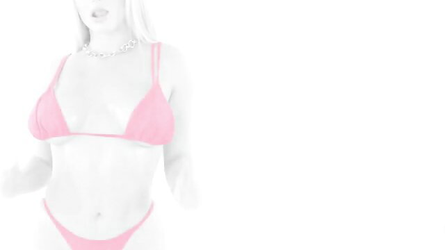 Blonde bombshell in skimpy pink bikini, seductive pose