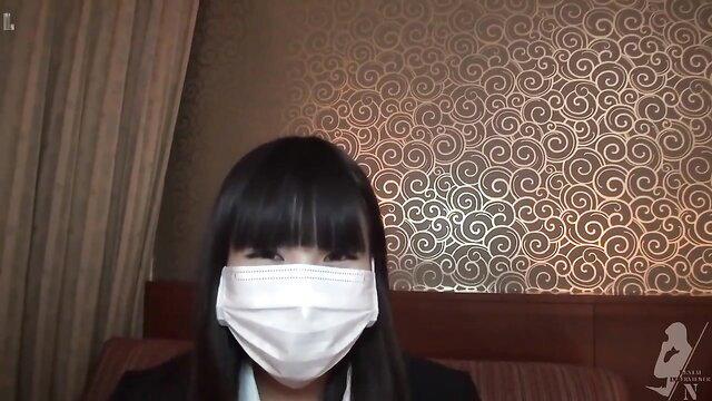 Japanese JAV girl in mask and suit, bangs, hotel room tease