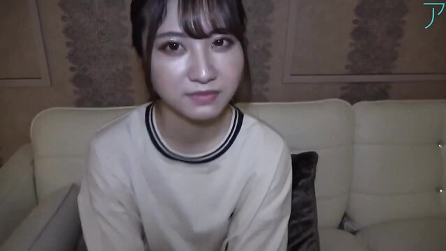 Cute Japanese JAV girl in sweater, bangs, innocent smile closeup