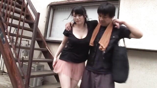 Anna Sakura big tits JAV star with man outdoors stairs