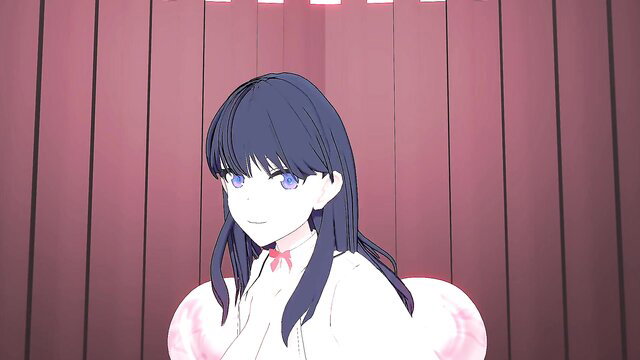 Cute anime girl with long black hair, smiling in pink room, MMD style