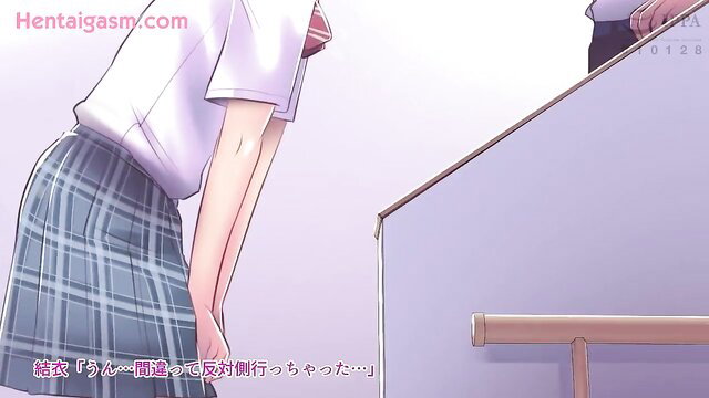 Anime schoolgirl bending over in skirt, peeking from behind, hentai tease