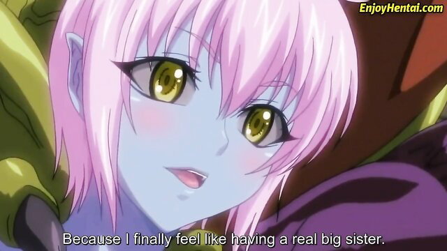 Pink-haired elf girl with green eyes smiles blushing in Taimanin Asagi 2 hentai