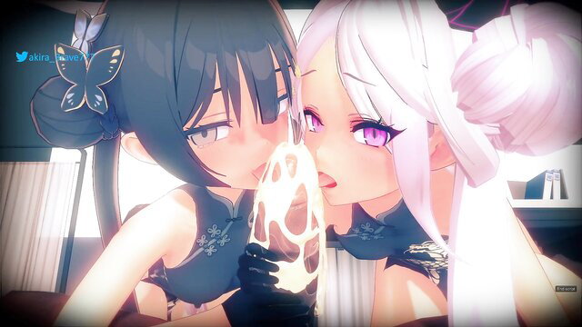 Asian anime sisters sharing glowing egg dildo intimately close-up