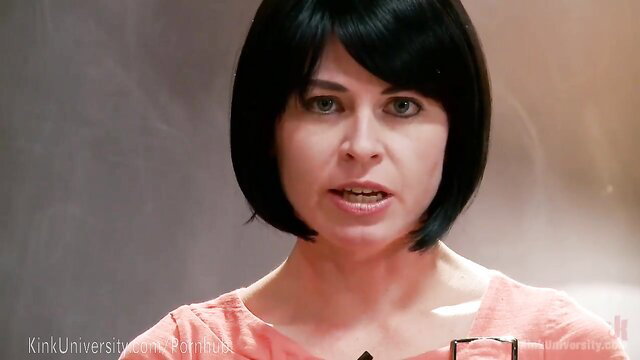 Hot brunette with bob haircut in dominant tease, education in femdom