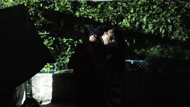 Indian GF moaning in outdoor terrace embrace at night