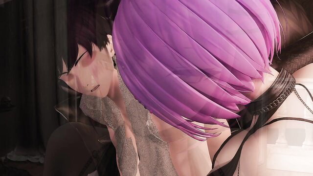 Purple-haired escort neighbor seduces man in lingerie collar closeup