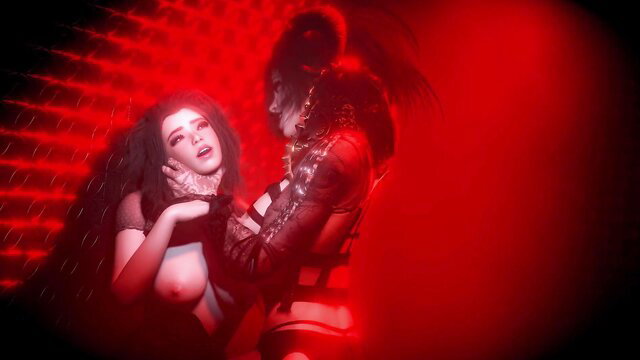 Gothic witches in red light lesbian embrace, exposed tits